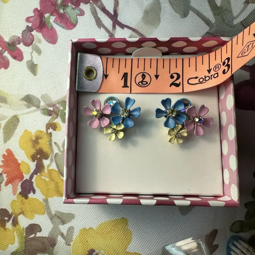 Betsy Johnson New Tags stud post earing flowers enamel frosted pastels crystal